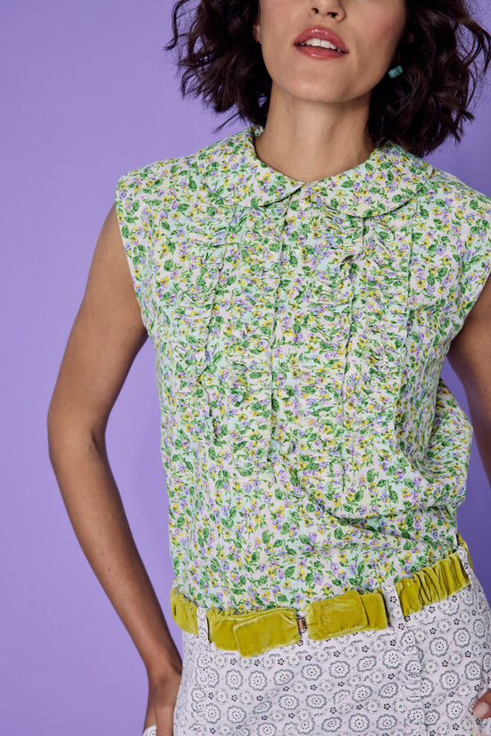 71-18 CARA Airy Blouse Top with Front Ruffles & Peter Pan Collar