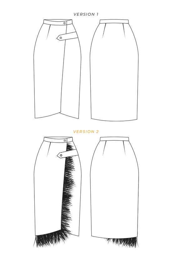 28-5 ANGLED Asymmetrical skirt with (button) tab and optional feather trim