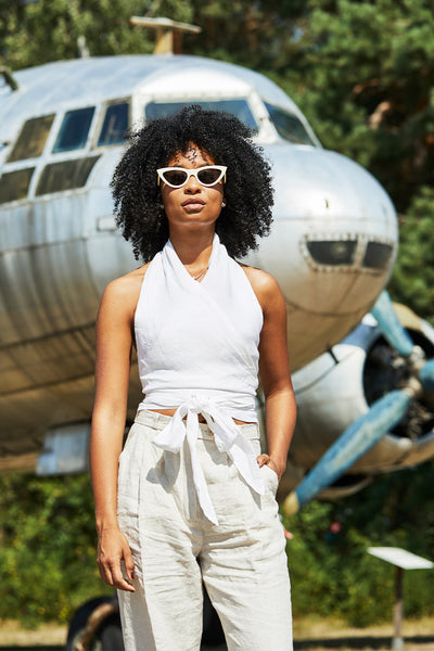 40-4 WHIRL Halterneck Linen Wrap Top with Binding Ties